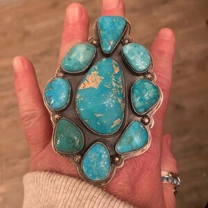 Native Made Turquoise Statement Ring - Stamped Cluster